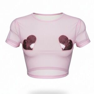 New XS Pink‎ Mesh Sequin Nipple Pastie Heart Pride Crop Top Sheer Sparkle